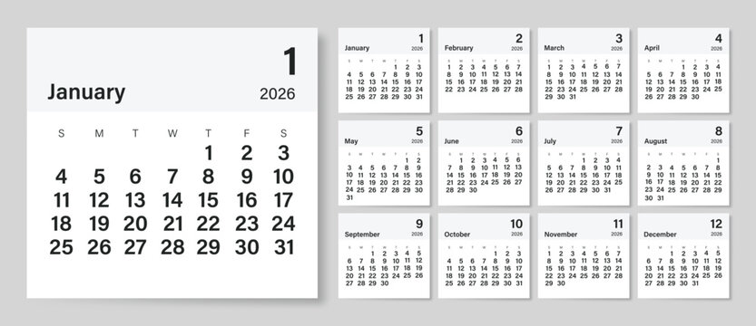 2026 Monthly calendar 12 months template on white background. Minimalist design layout calendar week starts on sunday. Use for New year, business, print. 