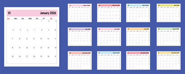 2026 Monthly calendar 12 months template on white background. Minimalist design layout calendar week starts on sunday. Use for New year, business, print. 