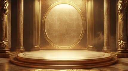 Luxury golden pedestal display,  empty podium,  elegant interior