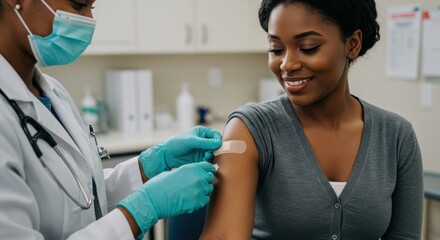 A smiling woman receives a vaccine in her upper arm from a masked healthcare provider wearing gloves in a bright clinic room; a small adhesive bandage is being pressed onto the injection site comforts