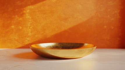 Empty golden bowl on white marble surface against orange wall