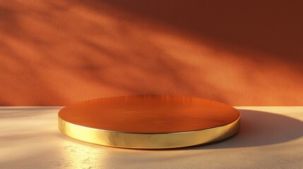 Golden podium, sunlit orange wall, product display, presentation