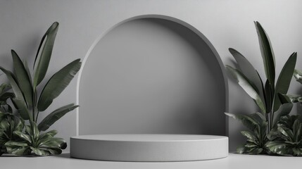 Minimalist product display podium with tropical plants