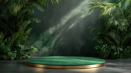 Green podium, tropical backdrop, product display,  still life