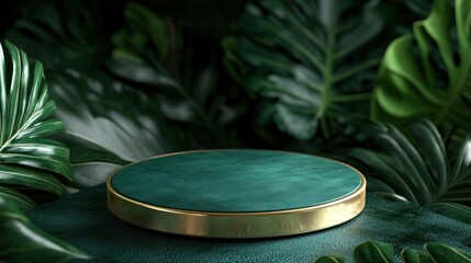 Emerald podium amidst lush foliage;  product display