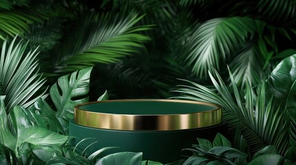 Empty green podium in lush jungle scene for product display