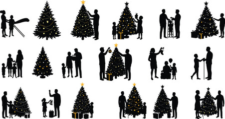 Families decorating Christmas trees together, holiday celebration, festive home tradition, gifts, ornaments, children, joy, and seasonal winter happiness illustration