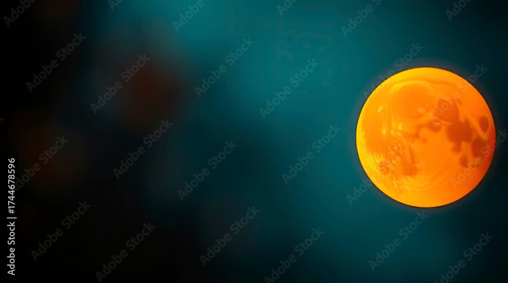 Wall mural a moon during golden hour, bathed in warm light, set against a blurred bokeh effect of rich, deep te