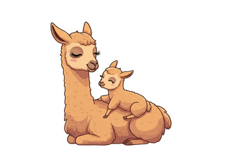 Cute cartoon mother llama lying down with her adorable baby cria resting on her back.