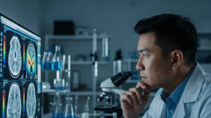 focused Asian researcher in lab coat studies brain scans on monitor with one showing activity hot spots Lab equipment including microscope and beakers with blue liquid is blurred in the background - Powered by Adobe