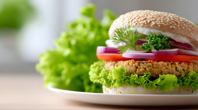 Close-up of a delicious burger with fresh ingredients. The burger is beautifully presented, showcasing the fresh vegetables and a perfectly toasted bun