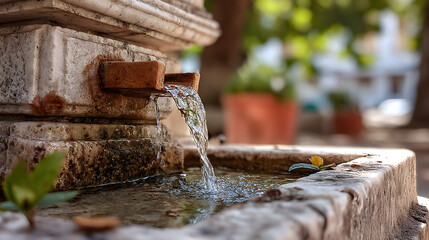 The refreshing fountain in a garden setting, flowing water and the texture of the stone with natural elements in soft focus