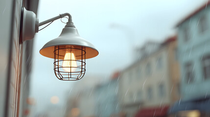 a street lamp illuminates a misty street scene, capturing the essence of a tranquil day in the town