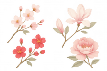 Watercolor illustration featuring various pink and red blooming spring flowers with buds and leaves. Transparent background