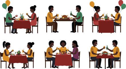 People dining together, couples and friends enjoying meals, restaurant celebration, dinner table, social gathering, food and drink, flat vector illustration