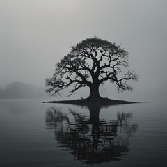 Solitary Tree on a Small Island in a Misty Lake_8