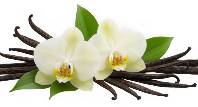 Vanilla bean and orchid flower isolated on transparent background, aromatic spice