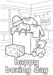 Obraz premium coloring book shopping bags and clothes with teddy bear happy boxing day