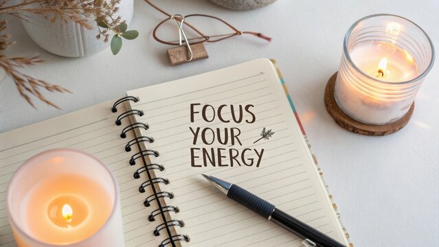 Inspirational Note with Motivational Quote on Notebook Surrounded by Candles and Natural Decor - Powered by Adobe