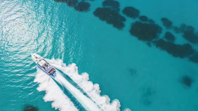 Aerial view A white and grey powerboat with multiple outboards speeds across clear turquoise water leaving long foamy white wake Dark coral reef patches are visible beneath the surface
