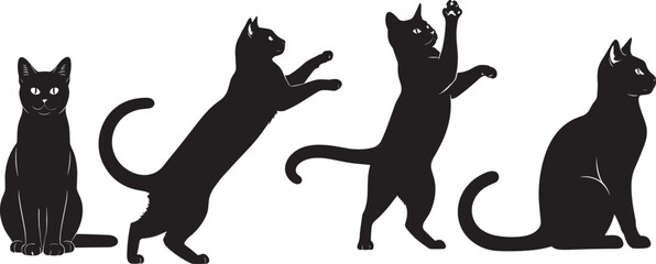 Black cat silhouette set, jumping, sitting, standing, playful poses, feline movement, pet vector, animal clipart, isolated design, editable illustration