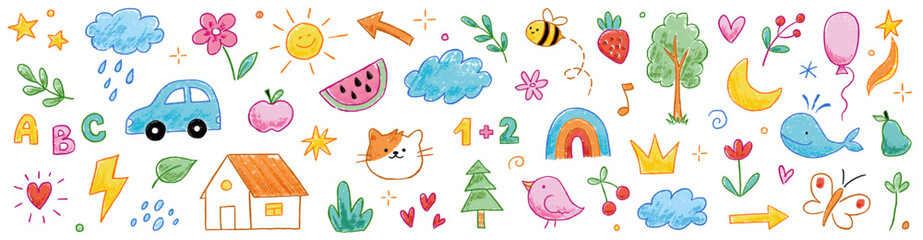 Kid crayon sketch cute child school icon background. Hand drawn crayon pencil stroke doodle flower, cartoon sun, rainbow icon elements. Kid style cute star, tree, heart shapes. Vector illustration