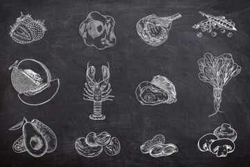Various of zinc food sources seamless set on black background. Sketch of strawberry, melon, mushroom, cashew, lobster, beef, egg, spinach, on chalk board. Hand drawn of healthy menu on black board