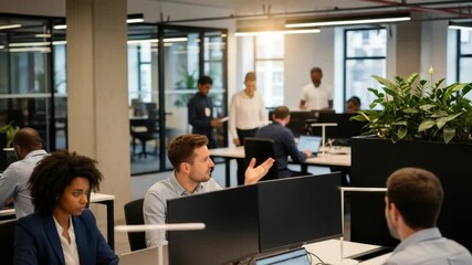 Diverse professionals collaborate in modern sunlit open-plan office A woman types on laptop man discusses beside dual monitors while colleagues work and move in the background - Powered by Adobe