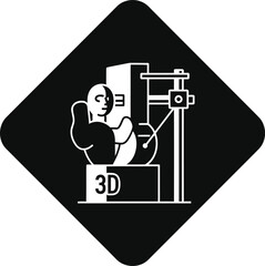 Fototapeta premium Stylized black and white icon depicting a 3d printer creating a human head sculpture with the letters 3d