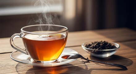 Steaming Cup of Tea on a Wooden Table, Relaxation Concept
