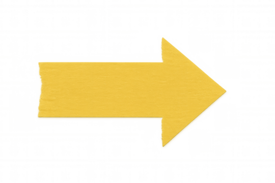 Yellow masking tape arrow pointing right, depicting direction, movement, and business progress on a transparent background