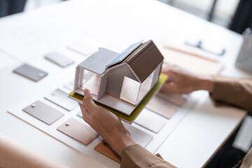 Architecture interior Man Creative project plan designer home and Choose interior materials.