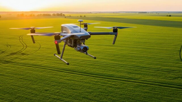 sleek grey quadcopter drone with mounted camera hovers above vibrant green agricultural field at golden hour The expansive landscape features neat crop rows and distant trees