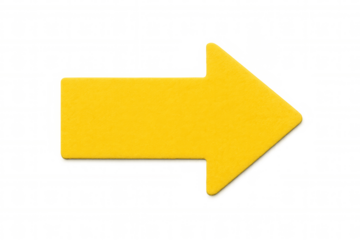 Yellow directional arrow pointing right isolated on a transparent background, indicating forward progress or next step