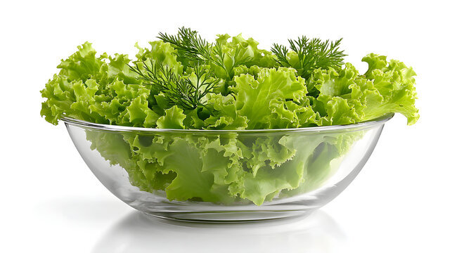 freshly harvested lettuce and dill arranged in a clear glass bowl