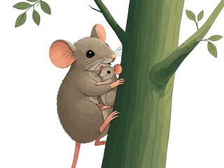 Mother mouse climbing a green tree trunk while carrying her tiny baby mouse on her back.