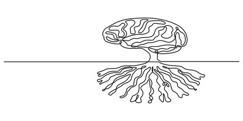 Human brain with a tree growing, drawn in continuous one line style. Psychological growth concept.