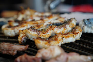 Grilled Eel Fillets on Charcoal Grill Close-Up