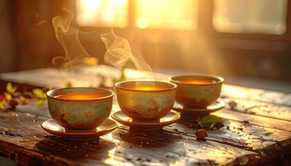 Three Cups of Steaming Tea on Wooden Table Bathed in Warm Sunlight with Leaf Accents and Speckled Surface in Indoor Setting