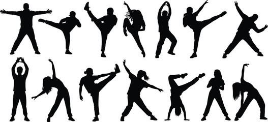 Silhouette dancers, martial arts poses, dynamic movement, black figures, white background, expressive stances, choreography, physical energy, action, fitness, combat, training, perform