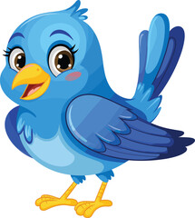 Cartoon blue bird, cheerful character, cute animal illustration, expressive eyes, yellow beak, kids mascot, happy bird, digital artwork, friendly pose, stock image
