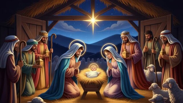nativity scene depicts the holy family wise men and shepherds with sheep in rustic stable revering the infant in manger bathed in light from brilliant star in the night sky