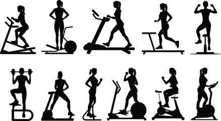 Women gym silhouettes, fitness workout, cardio training, exercise equipment, treadmill, elliptical, stationary bike, dumbbells, medicine ball, active lifestyle, healthy body