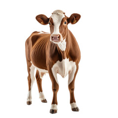 Brown and white cow standing, looking forward with curious eyes