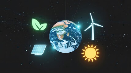 Naklejka premium Earth surrounded by renewable energy icons showing solar wind and green leaf