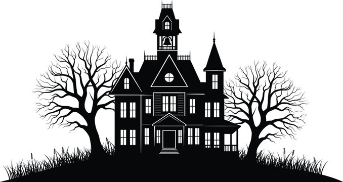 Haunted house silhouette, spooky gothic mansion, eerie Halloween night, creepy trees, horror scene, dark hilltop, scary atmosphere, ghost story backdrop