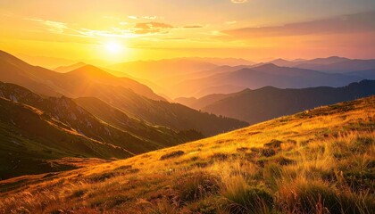 Golden Hour Over Rolling Hills Landscape with Vibrant Sunrise and Mountain Ridges Silhouette in Warm Sunlight