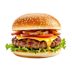 Delicious burger beef patty, cheese, lettuce, tomatoes, sesame bun