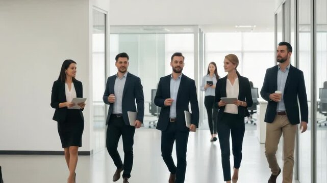 diverse group of business professionals men and women walk confidently through bright modern office hallway They are dressed in suits holding tablets laptops briefcase and coffee cup