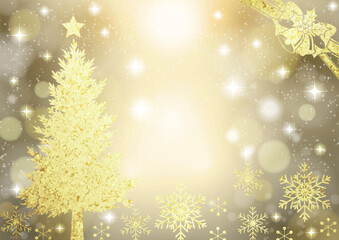 クリスマス背景、イルミネーション、シルエット、キラキラ、かわいい、横、金、イラスト